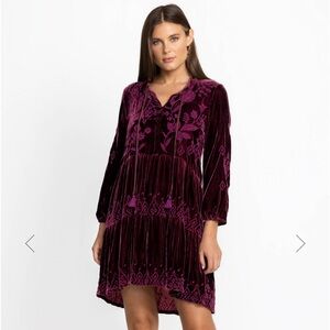 JOHNNY WAS Ivey Velvet Field Embroidered Floral Long Sleeve Tiered Dress M